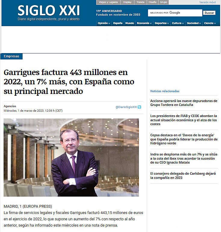 Garrigues factura 443 millones en 2022, un 7% ms, con Espaa como su principal mercado